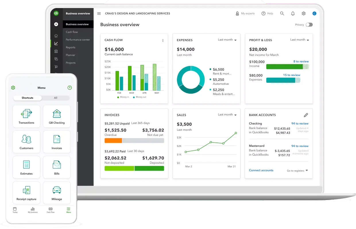 quickbooks dashboard screen grab
