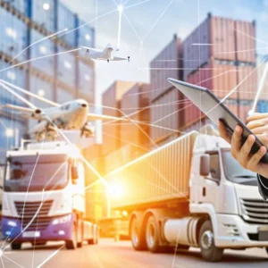 Payroll in logistics with manager using tablet to oversee trucks and cargo operations.