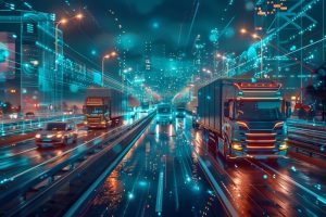Futuristic smart city logistics with trucks and digital technology on a neon highway.