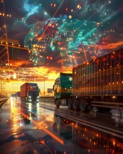 Futuristic image of semi-trucks driving on a highway at sunset beneath a glowing, networked holographic projection of the world map, representing global transport and technology.