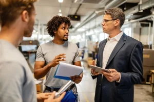 Manager approving purchase order on tablet in office