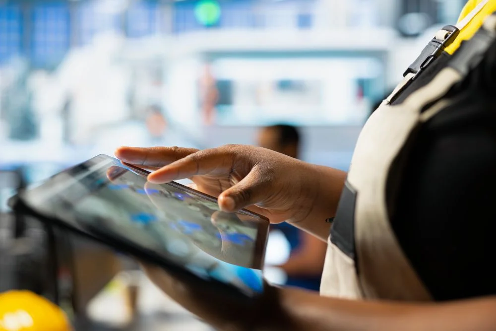 Worker using tablet to monitor inventory data in a manufacturing facility.