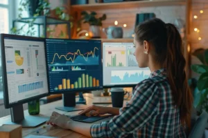 woman is sitting at her desk with three computer monitors monitoring graphs