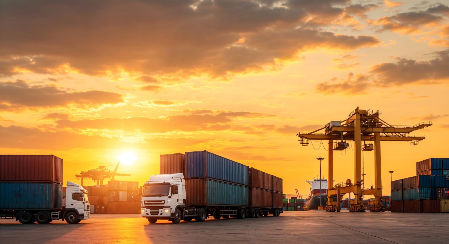 Shipping trucks and cranes at port with containers during sunset, symbolizing global trade and logistics.
