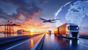 Illustration of global trade and logistics showing cargo trucks, a container ship, and an airplane under a glowing world map at sunset.