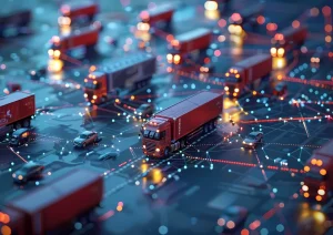 Illustration of a digital logistics network showing red semi-trucks and cars connected by glowing data lines, symbolizing smart transportation, fleet management, and real-time supply chain tracking.