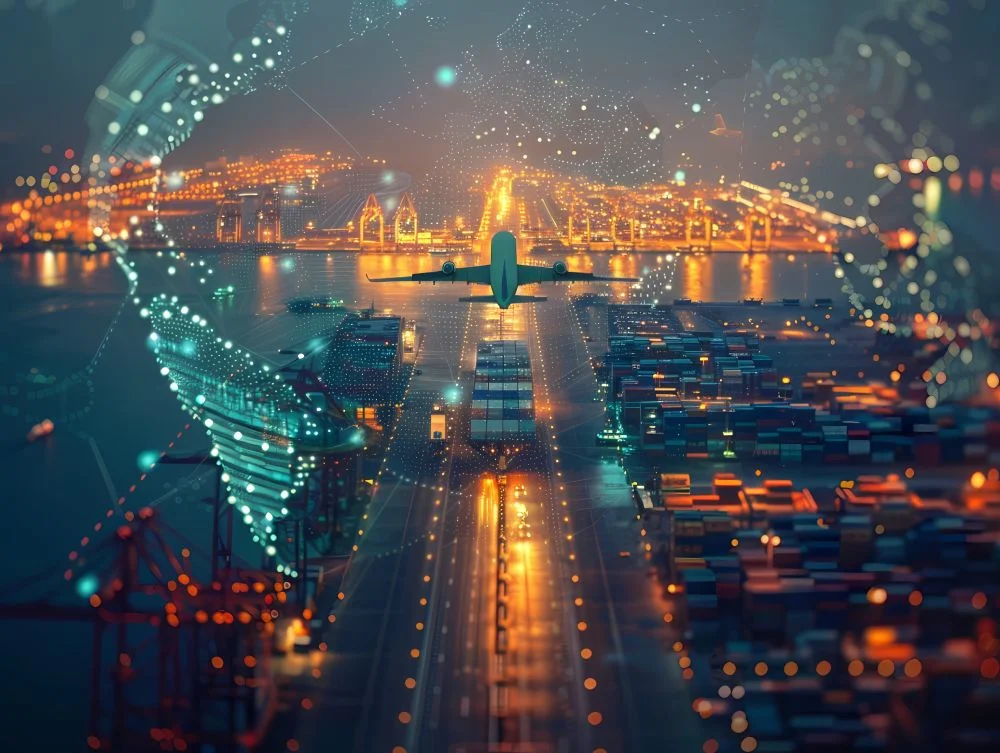 Digital illustration of an airplane taking off over a massive, brightly lit shipping port full of containers, with a glowing, futuristic global network overlay, symbolizing air and sea logistics.