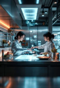 A female chef in a professional kitchen using a futuristic holographic tablet to manage operations, with other kitchen staff working in the background.