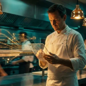 A chef in a commercial kitchen holding a transparent digital tablet with glowing data streams connecting to the environment, illustrating the automation of manual payroll tasks.