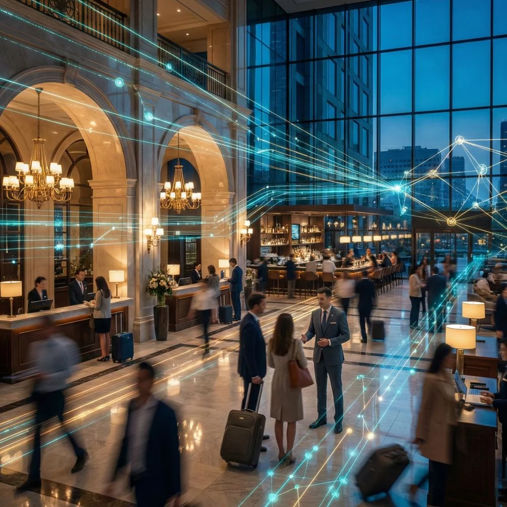 A bustling hotel lobby filled with guests and staff, overlaid with a complex network of glowing digital lines connecting people and processes, representing ERP integration.