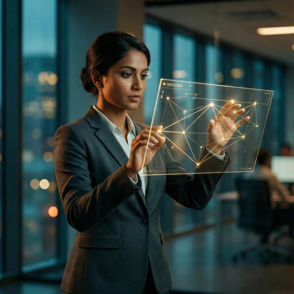 A professional woman in a modern office at night interacting with a floating digital network graph on a transparent screen, analyzing business connections