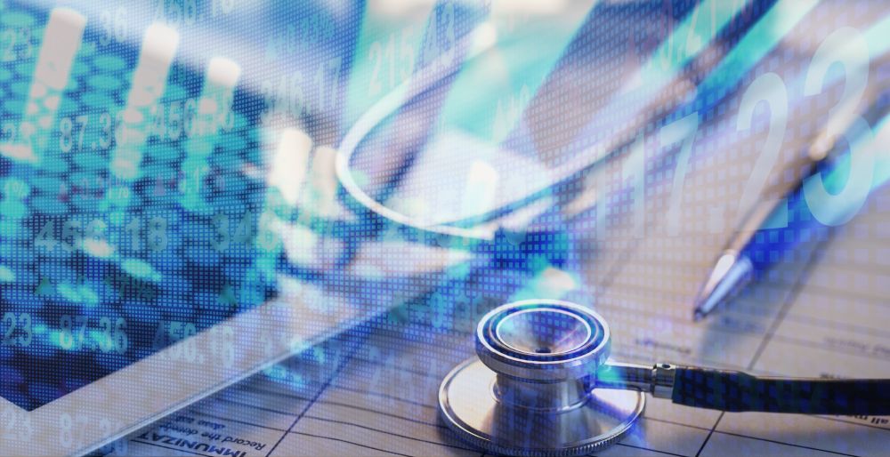 A medical stethoscope resting on a digital surface or tablet that also displays a rising healthcare business graph, symbolizing the connection between medical service quality and financial growth.