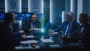 A futuristic corporate meeting room featuring a wall clock with text that says 'Cyber Security,' emphasizing modern financial risk management, security, and technology in a high-tech setting.