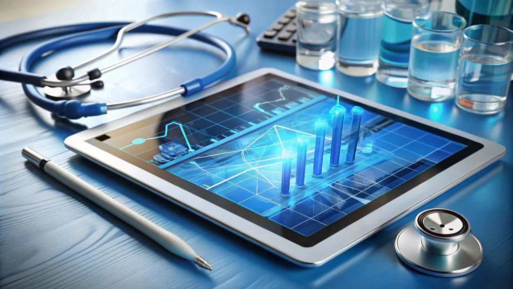 A close-up of a laptop screen displaying medical icons and data, with a heart symbol and pulse line, representing the integration of healthcare and technology in accounting software.