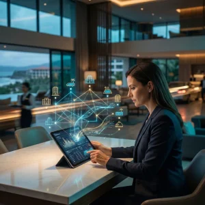 A finance leader sitting in a luxury hotel lounge at dusk, using a tablet that projects a holographic data network connecting various hospitality assets like resorts and dining.