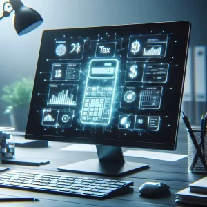 A modern desktop monitor displaying a futuristic financial dashboard with a calculator, tax label, charts, graphs, and dollar symbols, representing digital accounting, financial analysis, and tax management software.