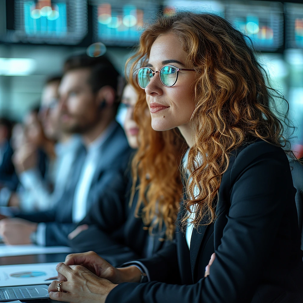 A professional woman with curly hair and glasses seated at a conference table with colleagues, focused on financial data displayed on screens, representing strategic decision-making and advisory leadership in a modern accounting firm.