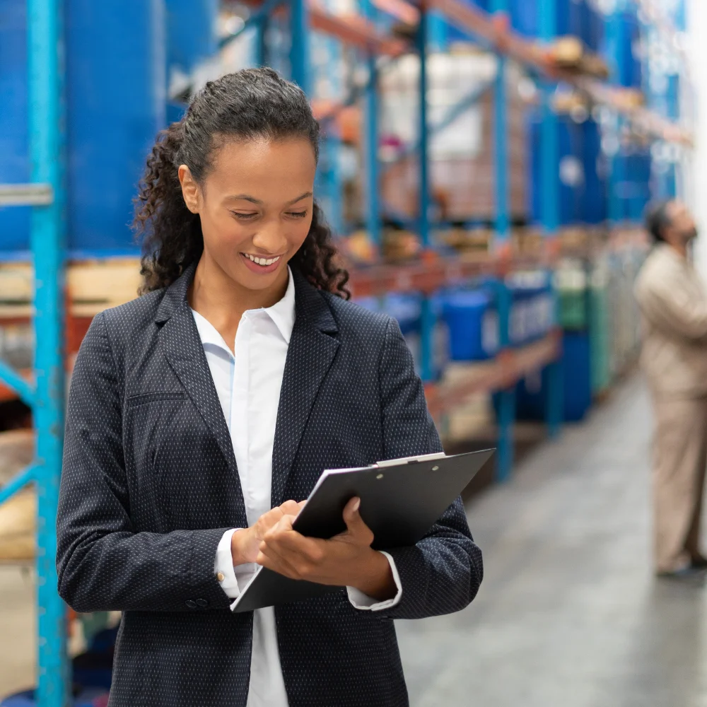 A smiling female manager with dark curly hair and a business blazer, holding a clipboard and writing notes while working in a warehouse. High shelves and blue barrels can be seen blurred in the background, along with a male coworker.