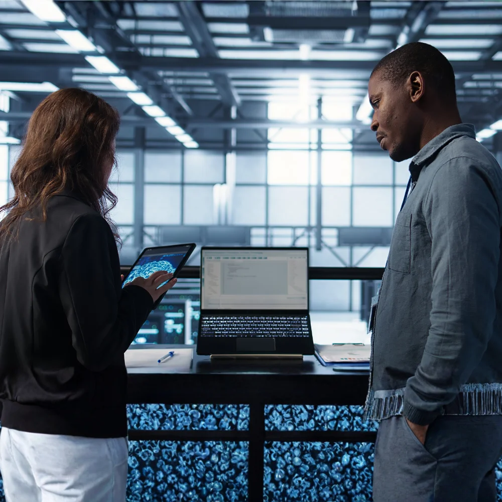"A medium-long shot of two young colleagues, a woman and a man, standing and collaborating over a table in a server room. The woman on the left, whose back is to the camera, is wearing white pants and a dark jacket, and holding a tablet. She has her hand on the tablet screen with some sort of digital blueprint on it. Next to her is a black table with a glowing keyboard, an open laptop displaying data and charts, and a blue pen with a document. The man on the right, in a grey collared shirt and blue jeans, is leaning on the table, watching the woman and holding one hand in his jeans. The bottom part of the table glows with a patterned blue light.