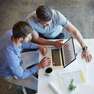 Two accounting professionals reviewing financial data and colourful charts on a laptop.