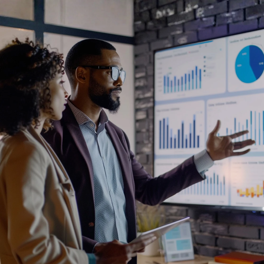 Business professionals presenting and reviewing financial performance data on a digital dashboard.