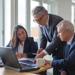 Finance professionals collaborating on business reports and financial data during a meeting.