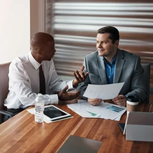 Two law firm professionals discussing financial reports and reviewing performance charts at a conference table.